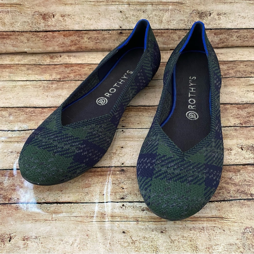 Rothy’s Limited Edition The Flats Blue & Green Forest Tartan Flats Size 10.5